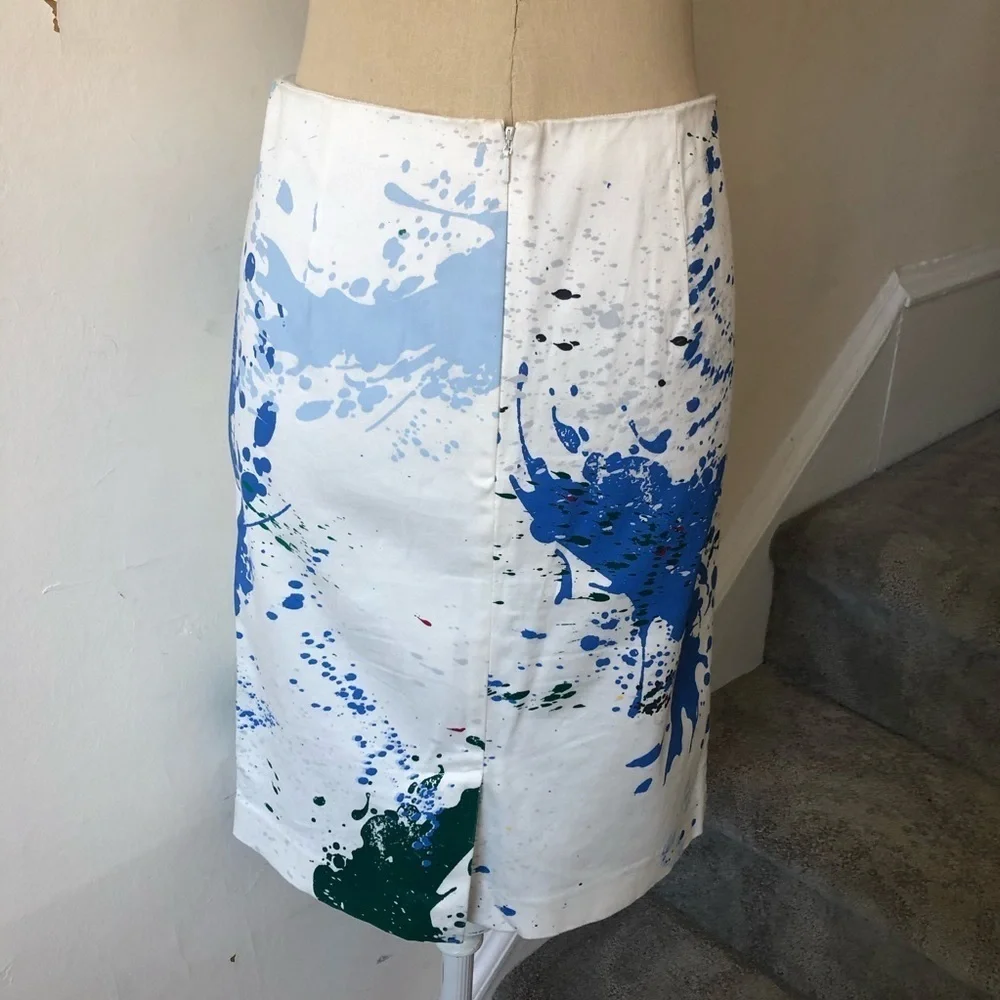 Tibi Cotton Blend Paint Splatter Pencil Skirt EUC